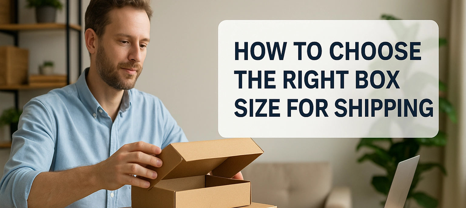 A man in a light blue shirt examines cardboard shipping boxes at a desk with a laptop, illustrating how to choose the right box size for shipping