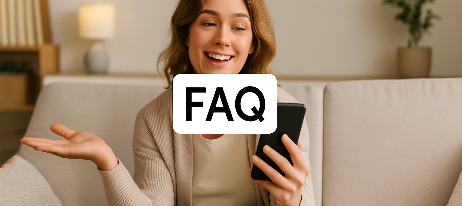 Smiling woman holding a smartphone while gesturing with one hand, sitting on a beige sofa in a warmly lit room. A bold “FAQ” label is overlaid in the centre of the image.