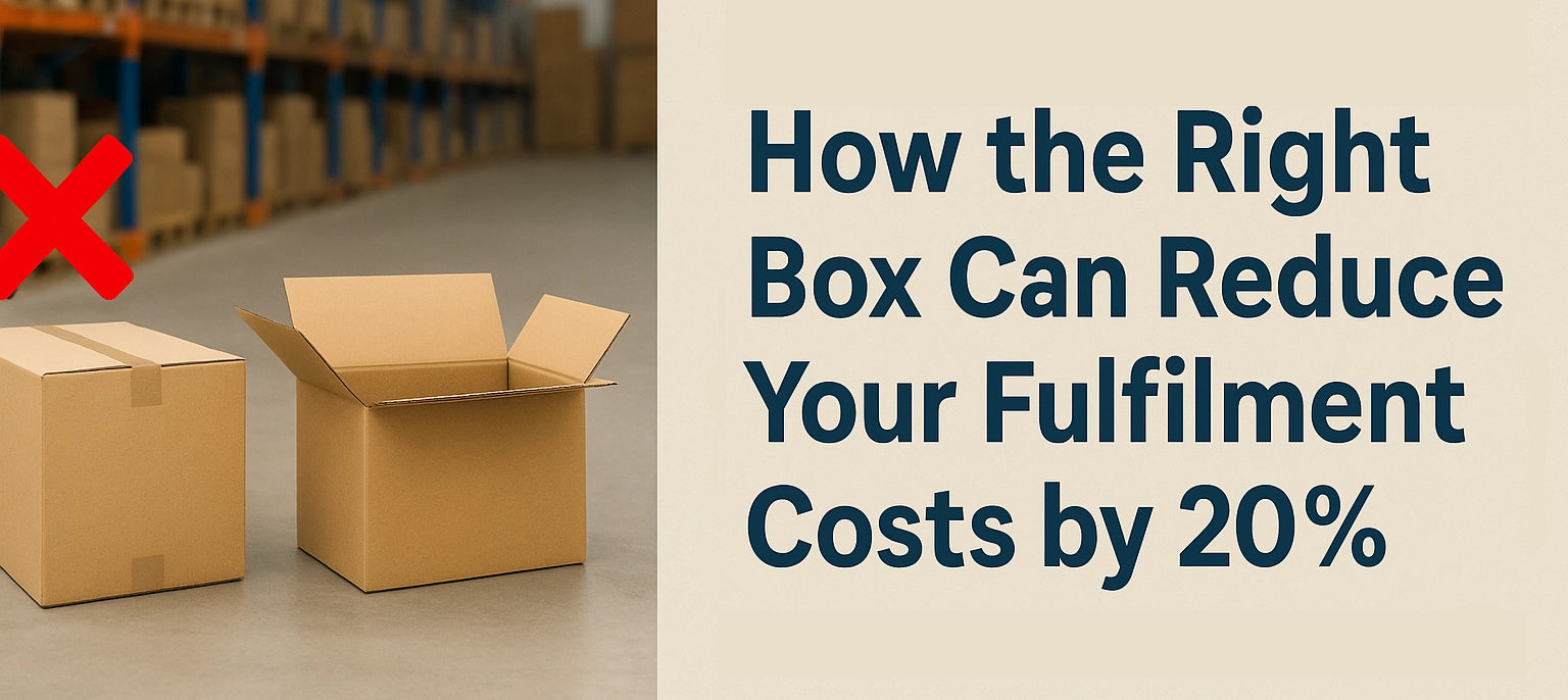 Comparison of right-sized and oversized boxes in a warehouse, illustrating cost-saving benefits of efficient packaging for UK fulfilment operations