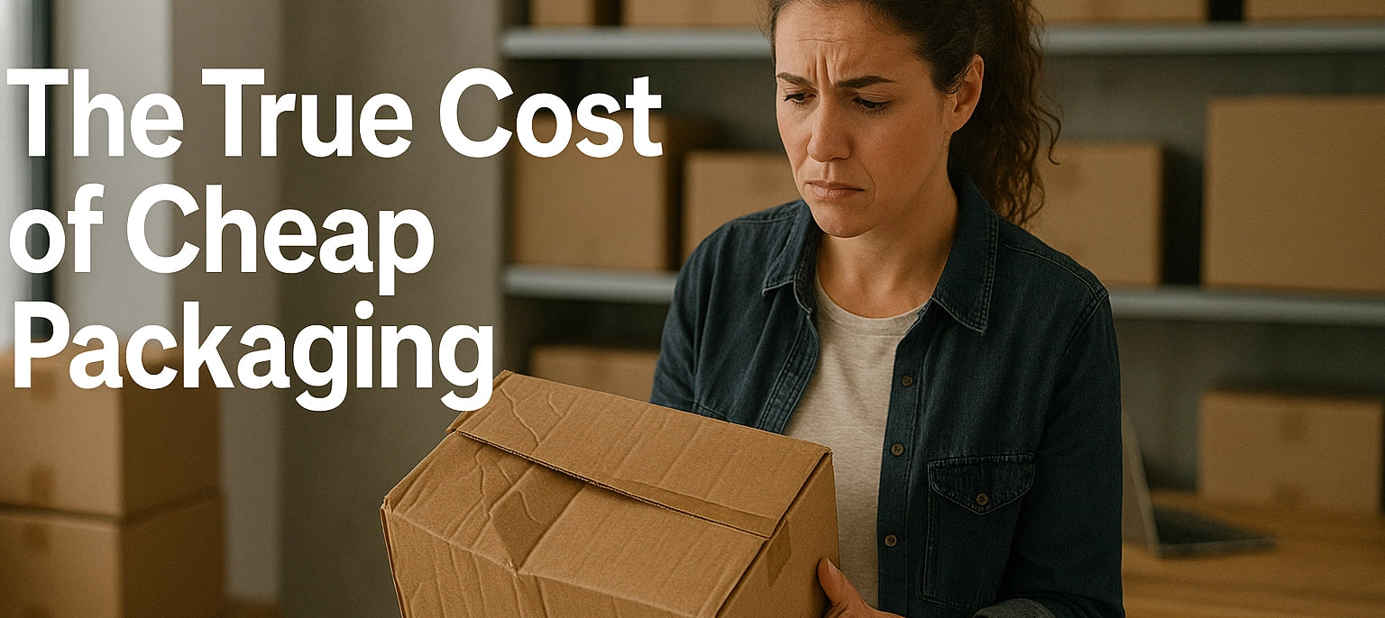 A concerned woman examining a damaged cardboard box in a fulfilment workspace, highlighting the risks and hidden costs associated with low-quality packaging materials.