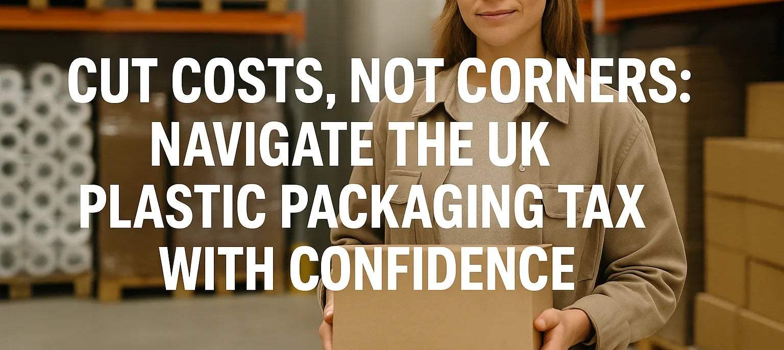A confident woman in a warehouse holding a cardboard box, representing sustainable packaging solutions that help businesses comply with the UK Plastic Packaging Tax in 2025.