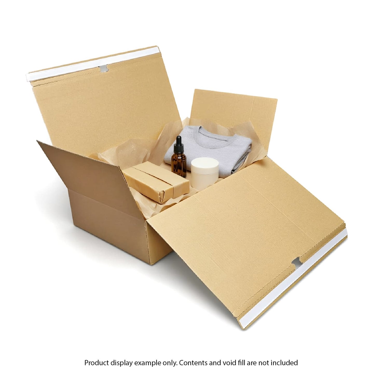 Open cardboard box with various items on a white background